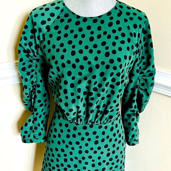 who what wear green polka dot dress Michelle Green Polka Dot Midi Shirt Dress – Finery London main image 1